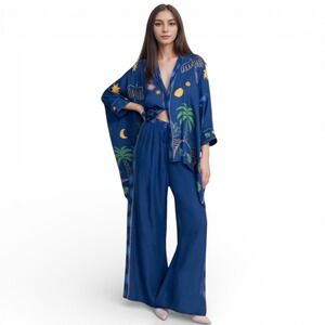 Jade Blue Frankie Easy Wide Leg Pants Womens S Blue Wide Leg Sunburst Boho‎